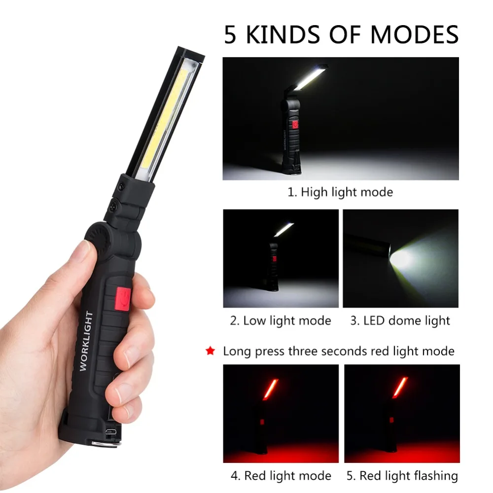 Portable 5 Mode COB Flashlight Torch USB Rechargeable LED Work Light Magnetic COB Lantern Hanging Hook Lamp For Outdoor Camping