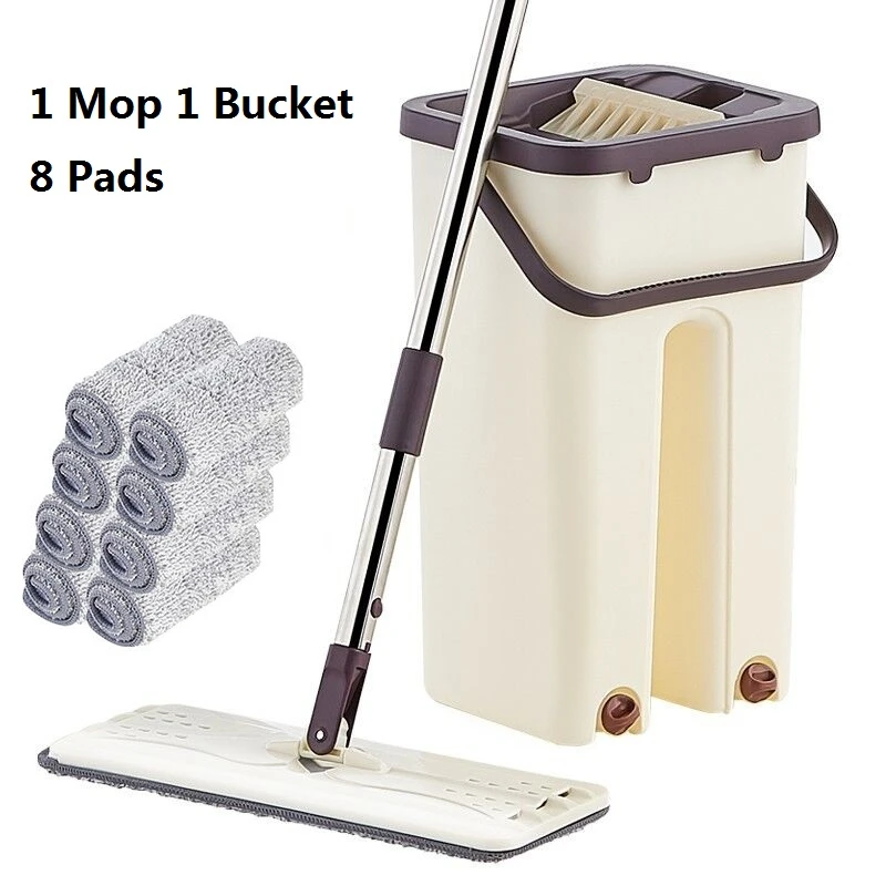 Hand Free Self Cleaning Drying Wringing Mop Bucket Flat Floor Microfiber Rag 