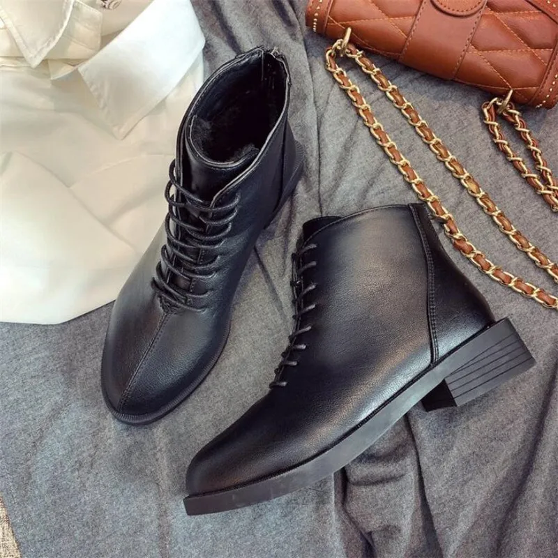 

LZJ 2019 New Winter Fashion Round toe Boots women Ankle Boots For Women Thick Heel Lace-up Ladies Shoes Boots Bota Feminina