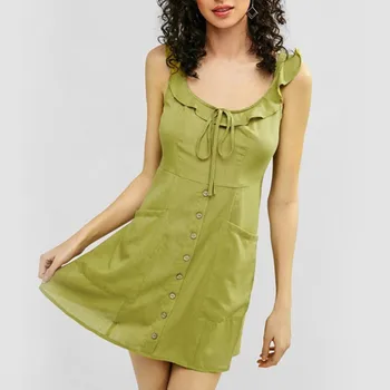 

Boho Off-shoulder Party Beach Sundress Spaghetti Summer Dress Women Sexy O-Neck Ruffles Solid Lace Up Tank Mini Dress Vestidos