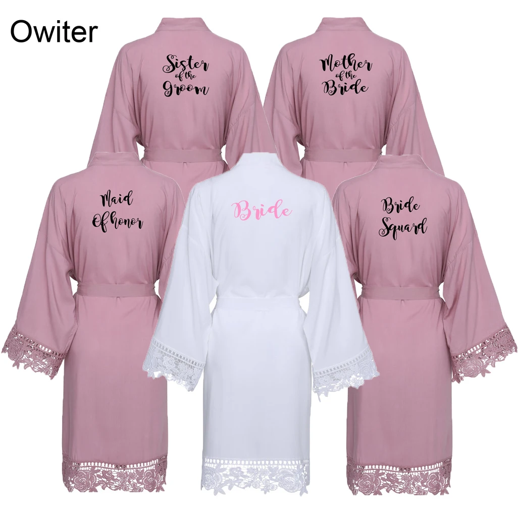 

Owiter Rayon Cotton Kimono Robes with Lace Trim Mauve Solid Women Wedding Bridal Robe Short Belt Bathrobe Sleepwear White
