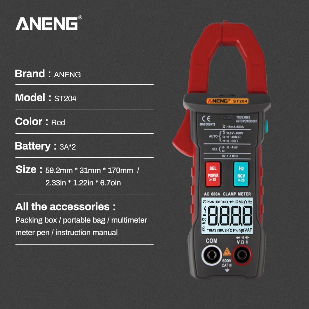 ANENG ST204 4000 отсчетов Полный Интеллектуальный Автоматический диапазон True RMS цифровой мультиметр клещи AC/DC напряжение NCV сопротивление
