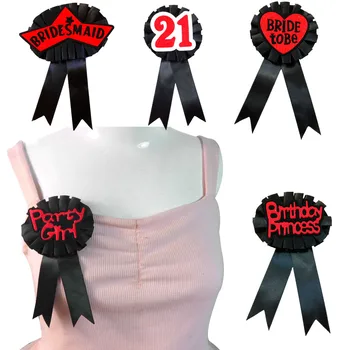 

Black ribbon Hot red Women badge Star bridemaid button heart Bride to be red glitter adult 21 birthday princess hen party pin