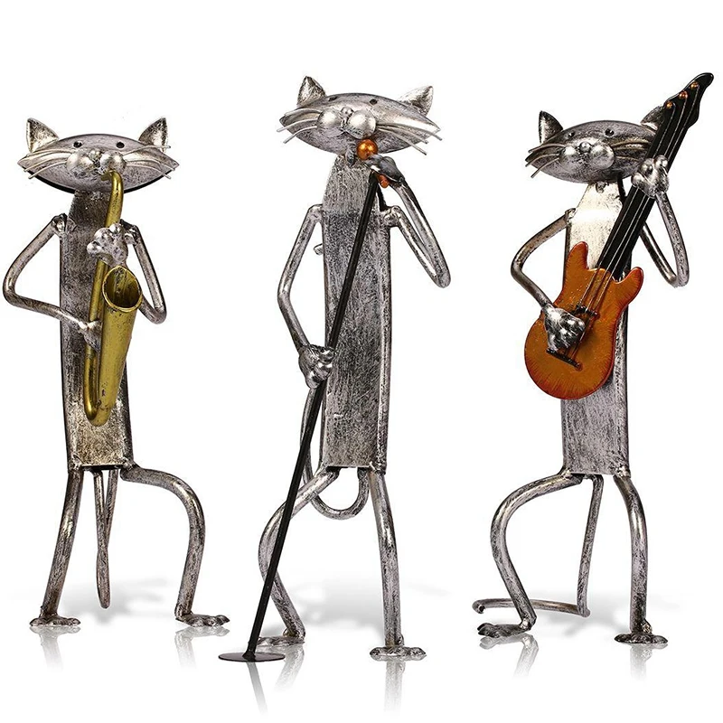

Metal Statue Popular a Play Guitar Saxophone Singing Cat Statue Decoration Supplies Home Decoration Craft Gift Band Cat 1 Set 3