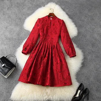 

Autumn winter 2020 women red floral jacquard dress sexy backless lantern sleeve turtleneck bow gown xmas party dresses