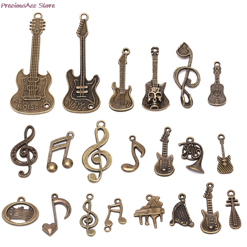 21Pcs/Set Mix Musical Instrument Charm For Jewelry Making Antique Color Guitar Microphone Violin Horn | Украшения и аксессуары