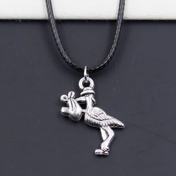 

Fashion Stork Delivering Baby Bird Tibetan Pendant Necklace Choker Charm Black Leather Cord Factory Price Handmade Gift