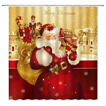 

Merry Christmas Shower Curtain,Lovely Vintage Santa Claus with Gifts X-mas Decorations Snowflake Kids' Happy New Year Festive