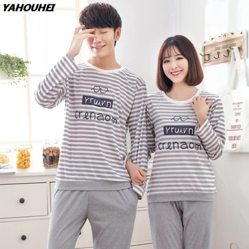 

Couples Striped Homewear Cotton Pajamas Sets For Women 2019 Autumn Winter Long Sleeve Pyjamas Sleepwear Suit Men Lounge Clothing