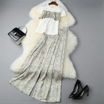 

New 2020 Elegant Summer Pants 2 Piece Set Women Fashion Designers Print Patchwork Lace Top and Wide Leg Pants Suit Sets Twinset