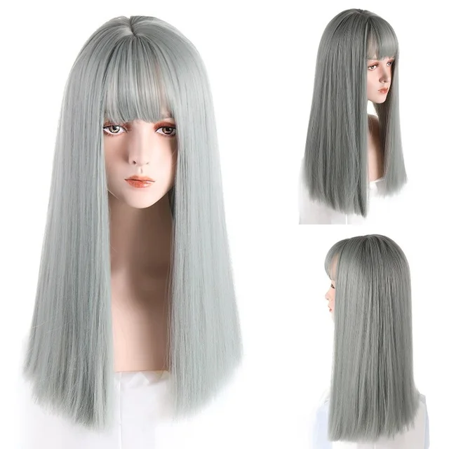 VICWIG Synthetic High Temperature Fiber Long Straight Wigs for Women Purple Gray Green Cosplay With Bangs Natural Hairpieces Silver Grey