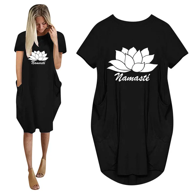 

2021 New Lotus Flower Print Women Casual Loose Dress With Pocket Ladies Fashion O Neck Long Tops Female T Shirt Dress