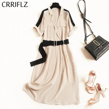 

CRRIFLZ Medium Long Sashes Silk Dress Women Casual Short Sleeve Fake Pocket New Fashion Female Turn Down Collar Summer Dress