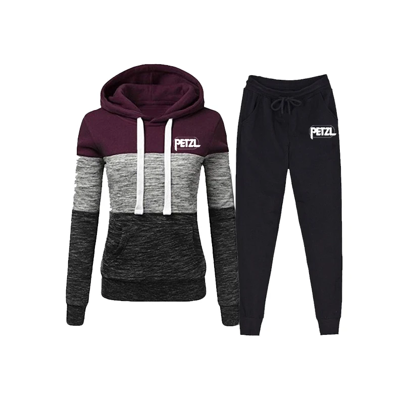 

2020 Fall Women's Clothing Women's Three-Color Stitching Sweater Two-Piece Hooded Sweater Fleece And Trousers Suit