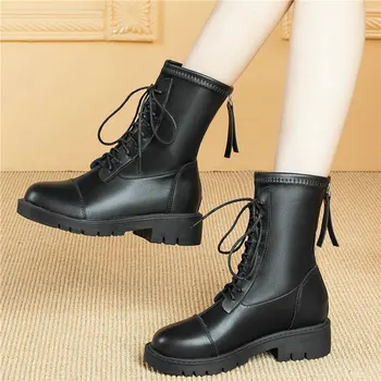 

2020 High Top Shoes Women Lace Up Genuine Leather Low Heel Motorcycle Boots Female Round Toe Platform Oxfords Shoes Casual Shoes