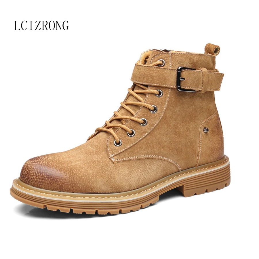 

Winter Men Boots Vintage Leather Short Boots Fashion Buckle Lace-up Casual Men's Shoes Plus Velvet Warm Martin Boots