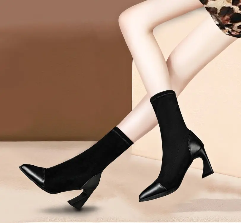 Зимние ботинки в британском стиле с острым носком; женские ботильоны на толстом каблуке; ботинки на высоком каблуке; женские ботинки из искусственной кожи