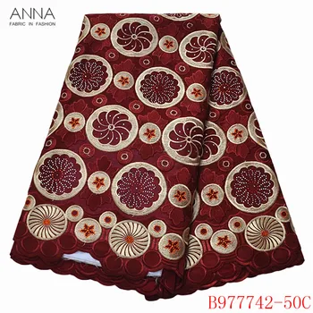 

Anna wine red african swiss voile lace high quality embroidery with rhinestones and stones 100% cotton fabric for garment sewing