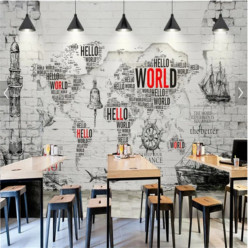 Ретро ностальгические буквы карта мира белая кирпичная стена Backgdrop Настенные обои для гостиной кафе обои домашний Декор 3d