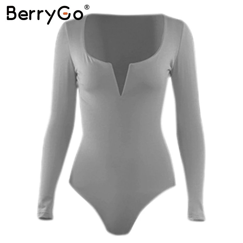BerryGo, сексуальный Облегающий комбинезон с v-образным вырезом, женский, Повседневный, длинный рукав, однотонный, тонкий комбинезон, Осень-зима, женский, шикарный, боди - Цвет: Серый