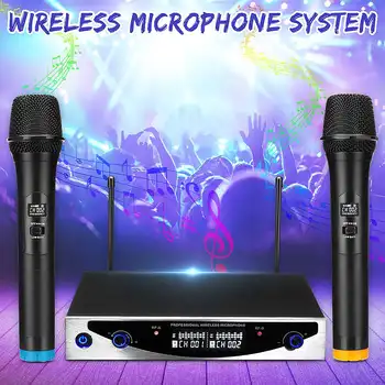 

3W 12V Dual Wireless Microphone System Professional UHF Handheld Cardioid Karaoke Mic Frequency Adjustable Party Supplies
