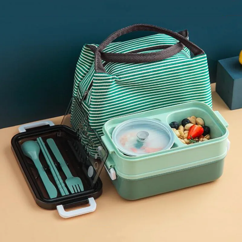 Details about   1pcs Double-layer Bento Box Lunchbox with Soup Bow with Utensils Microwave Safe 