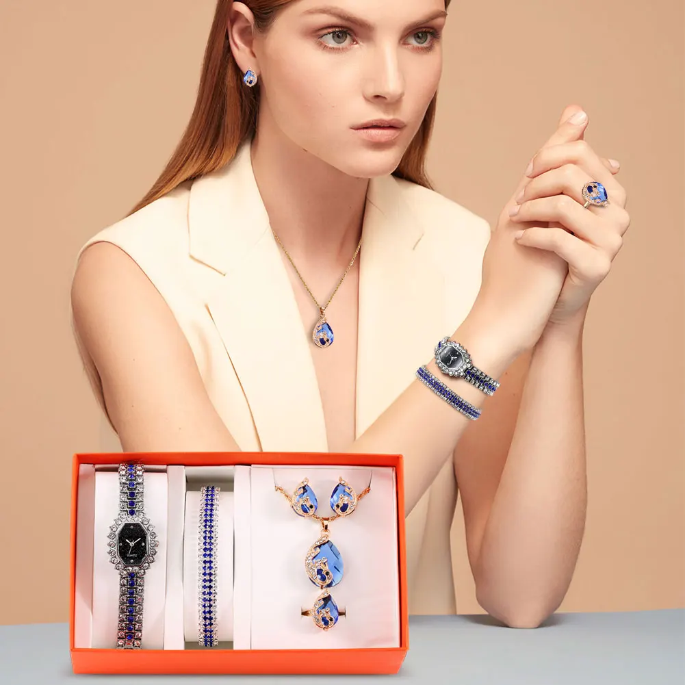 Exquisite Ladies Watch Gift Set Quartz Blue Watch Ladies Bracelet Necklace Earrings Ring Kit Beautiful Christmas Wedding Gifts