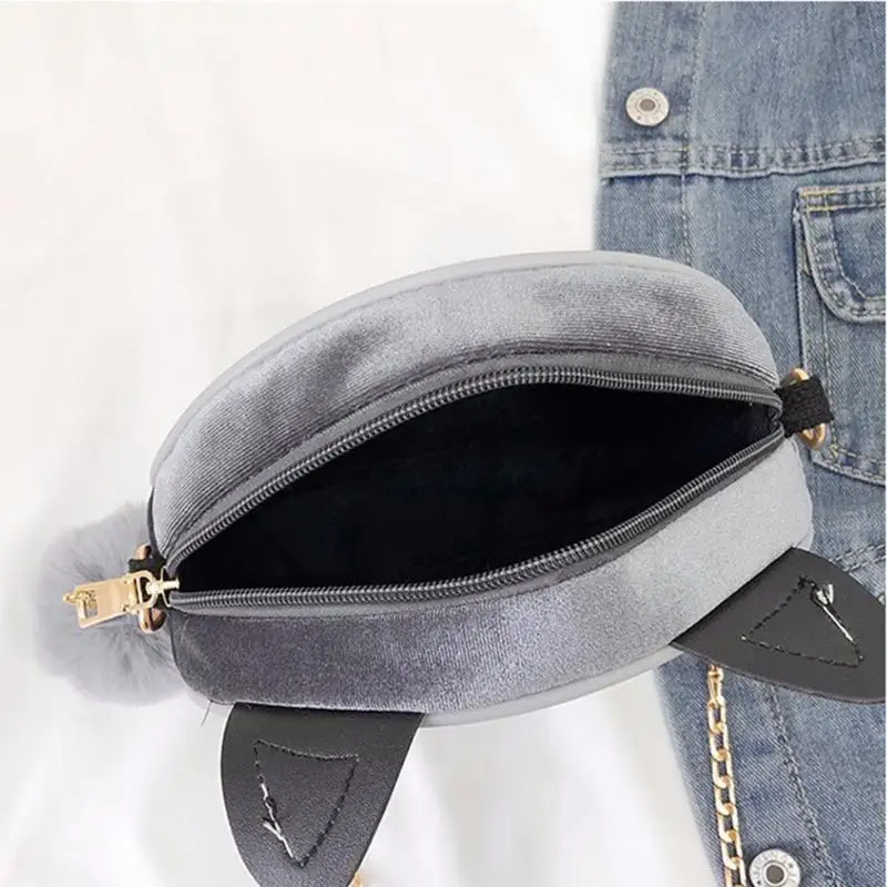 Для девочек; прелестная сумка на ремне bolsa feminina женские новые бархатные Для женщин Мини Круглый Сумка "Милый Котик" цепи Повседневное на плечо, сумки в руку