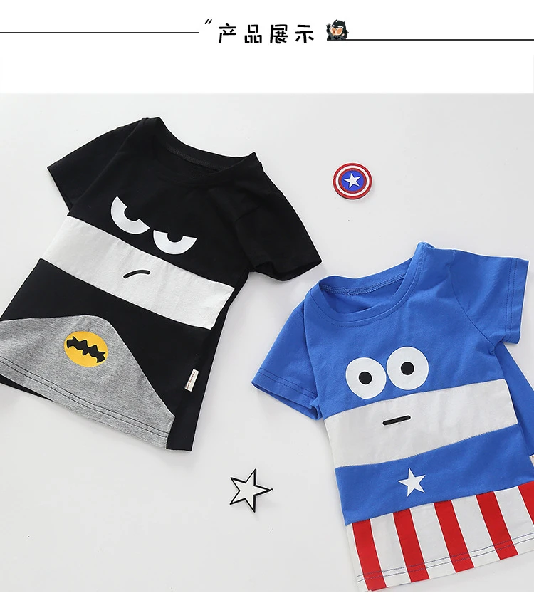 Новые хлопковые футболки для мальчиков и девочек; Детские футболки с короткими рукавами; рубашки с героями мультфильмов; детская верхняя одежда; Мстители; Marvel; Бэтмен; Капитан Америка