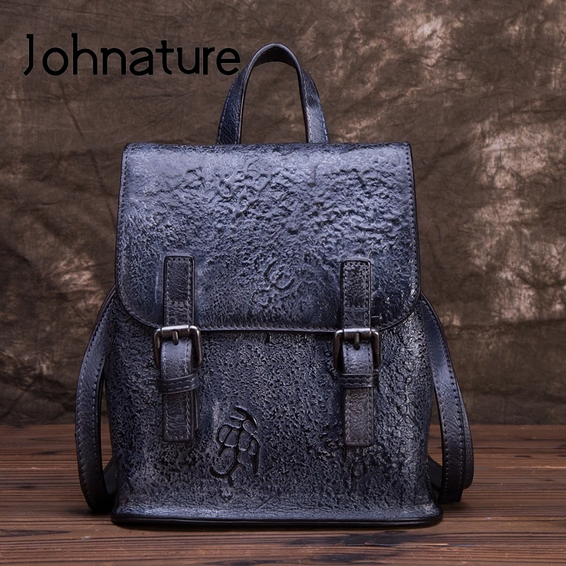 

Johnature Retro Embossing Genuine Leather High Quality Women Backpack 2020 New Large Capacity Cowhide Leisure Travel Backpack