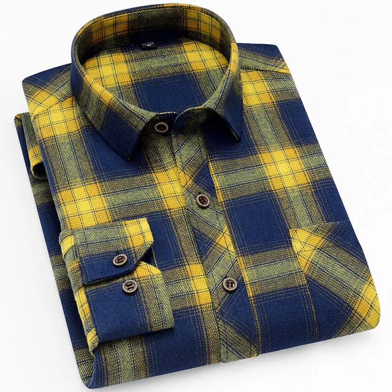 Casual-Shirts Long-Sleeved Flannel Checked Regular Fit Plaid Mens Fashion New Social