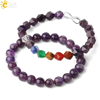 

CSJA Purple Crystal Bracelet Set Natural Stone Reiki Chakra Number Eight Elastic Strand Bracelets Healing Jewelry for Women G463