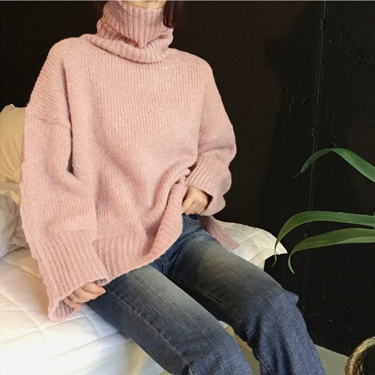 Шикарный корейский стиль мода Водолазка Свитера толстые теплые оверсайз розовый серый свитер вязальные джемперы