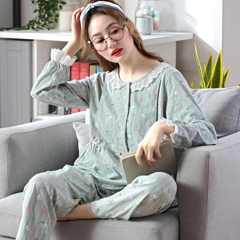 Синий Cotton Maternity Nursing Nightwear Spring Autumn Breathable Fashion Lace Sleepwear for Pregnant Women Pregnancy Pajamas - Цвет: Синий