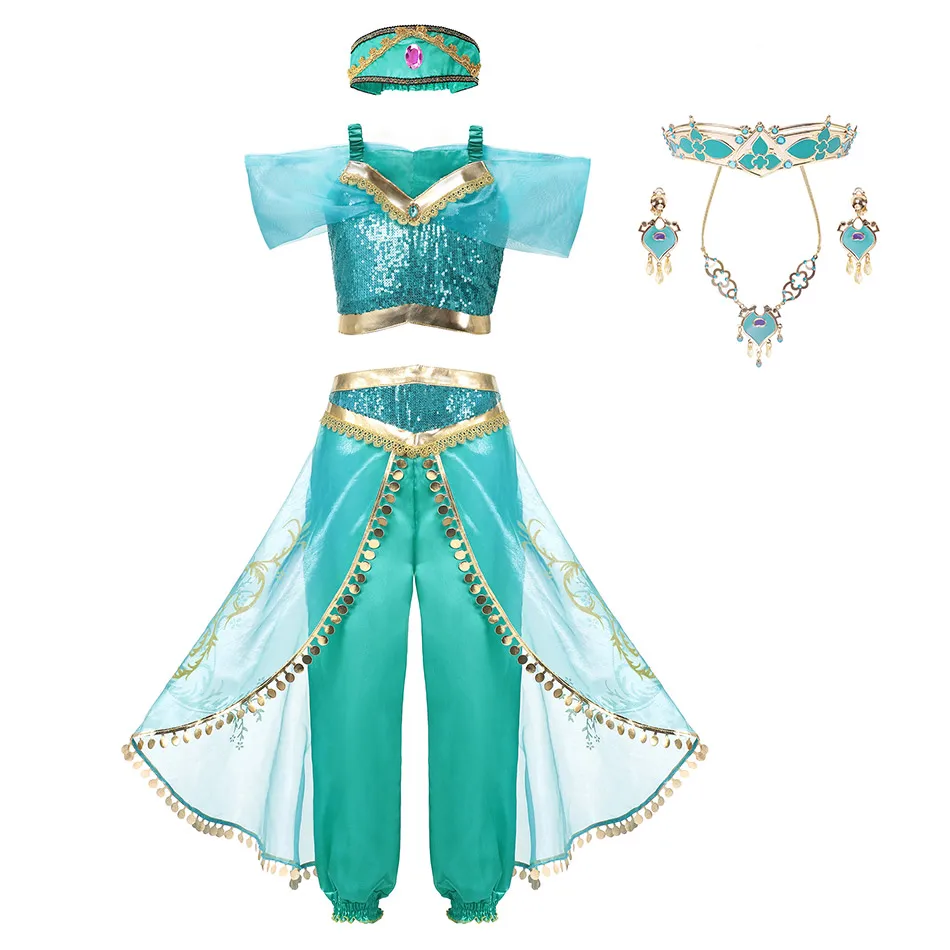 Girls Jasmine Dress Up Clothes Kids Carnival Party Supplies Children Aladdin Blue Green Princess Fancy Girl Birthday Costume born baby dress Dresses