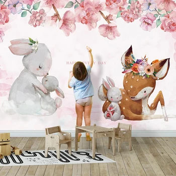 

Custom Living Room Children Room Animal Photo Wall Decoration Painting Cartoon Floral Elk Rabbit Mural Wallpaper For Kids Room