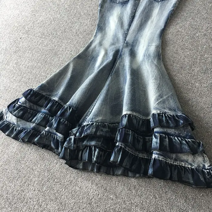 European fashion women sexy high quality denim jeans bodycon tie dyeing gradient color layered ruffles mermaid maxi long skirt