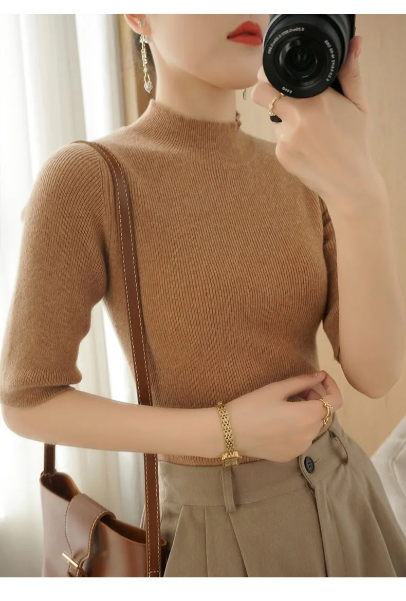 Description Picture 4 of itemKnitted Short sleeve Spring and Summer  Half turtleneck Pullovers Slim  Sweaters  Women Short sleeve Cashmere Sweater Women