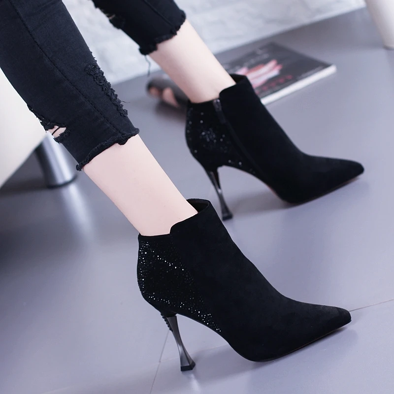 

Thin Boots Rhinestone Super High With Shoe Woman 2019 Winter Fine With Sharp Short Boots Boots