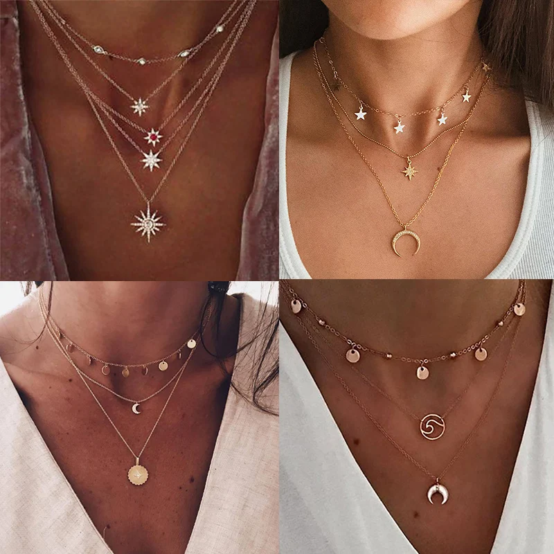 

FAMSHIN Boho Trendy Moon Necklace For Women Gold Round Heart Flower Star Pendant Necklace Gift Ethnic Bohemian Choker Necklace