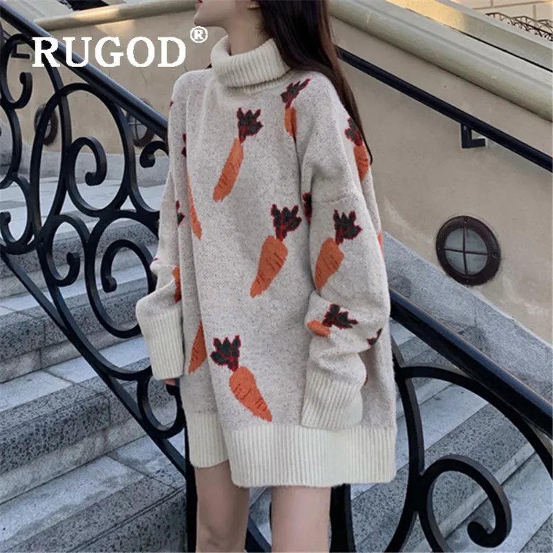 RUGOD, свитер с воротником-хомутом с милым принтом морковки, Женский Теплый Зимний вязаный пуловер, повседневный Свободный джемпер с длинным рукавом, pull femme