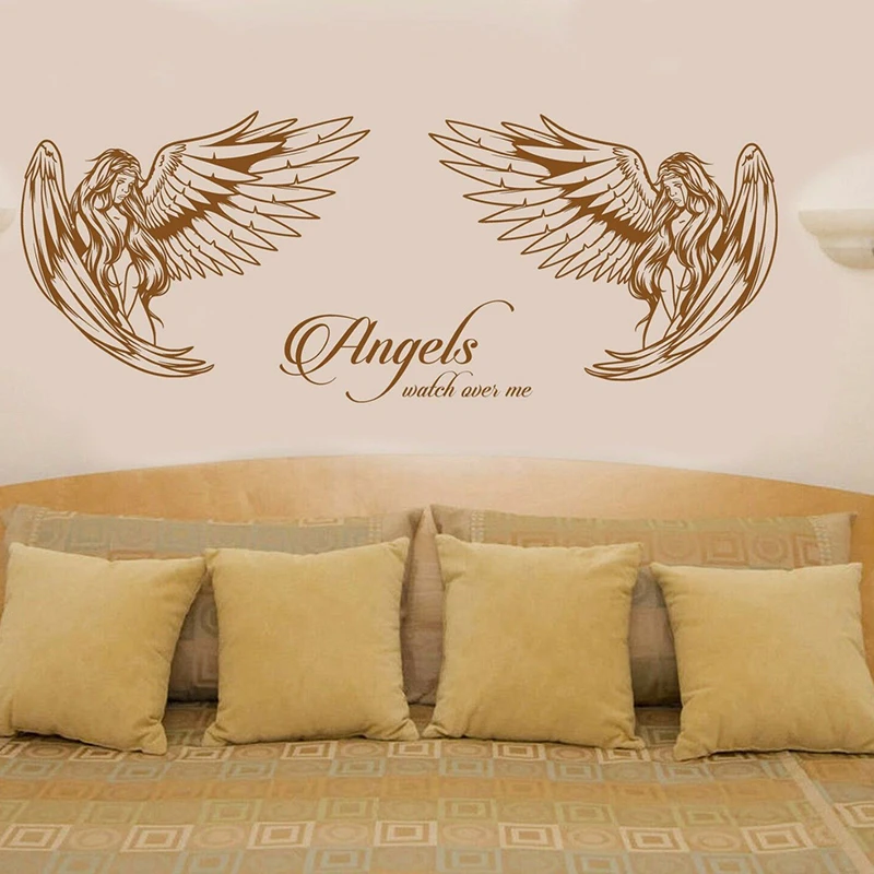 Modern Angel Angels Watch Over Me Wing Wall Sticker Bedroom Living Room Cartoon Angel Wing Family Love Quote Wedding Wall Decal  (2)