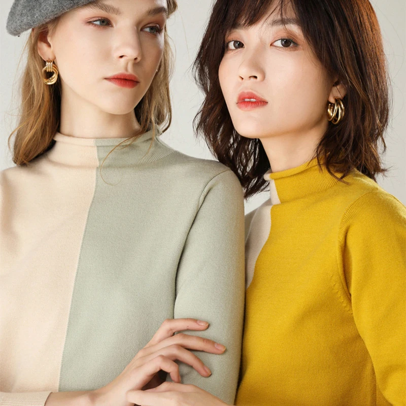 

[Ou Mo] brand temperament Women Sweater Stitching color Half turtleneck sweater Pullovers Sweaters Primer shirt 2019 new