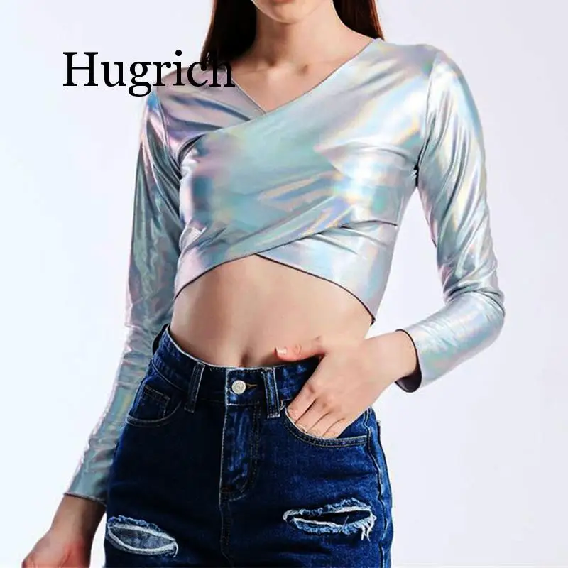 

Metallic Color Holographic T Shirts Women Long Sleeve Cross Wet Look Crop Top 2020 Autumn Fashion Streetwear Sexy tshirt