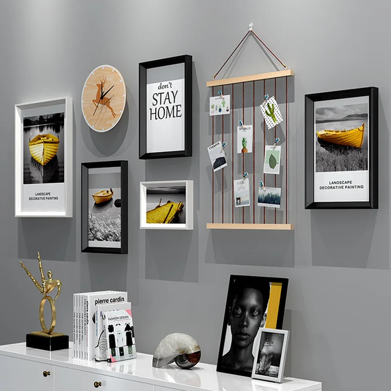 

5pcs/set Living Room Sofa Background Wall Photo Frame For Picture Nordic Modern Style Picture Frame Set With Clock Wall Painting