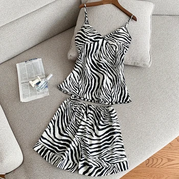 

JULY'S SYJJF Sexy Zebra Printed Women's Pajamas Set Soft Stain Silk Female Sleepwear Breathable Summer Night Tops Short Pants