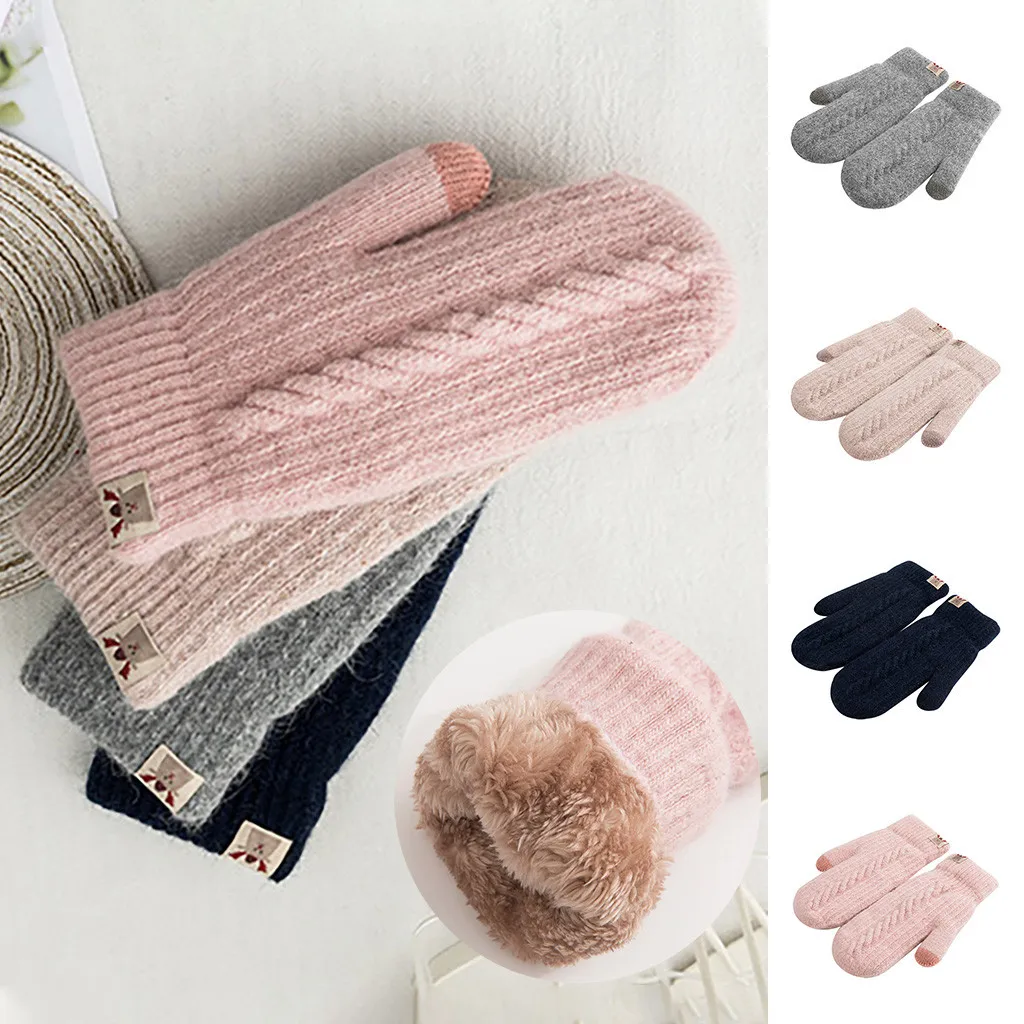 Женские милые теплые перчатки для мобильного телефона, мягкие вязаные зимние перчатки