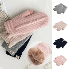 Женские милые теплые перчатки для мобильного телефона, мягкие вязаные зимние перчатки