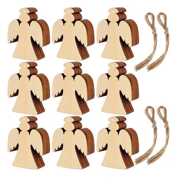 

60 Pieces Christmas Wooden Ornaments Angel Shape Slices with 60 Pieces Cords for New Year Christmas Tree Pendant Ornaments