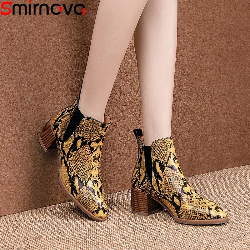 

Smirnova 2020 new genuine leather boots women round toe slip on ankle boots square high heels shoes womens autumn winter boots